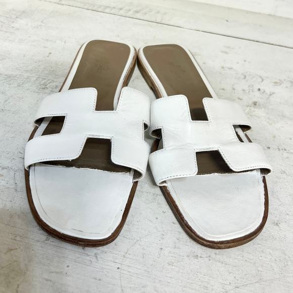 Hermès Leather Oran Slip On Open Toe Flat Slides Sandals White Women's 40.5 / 10 - Picture 3 of 11